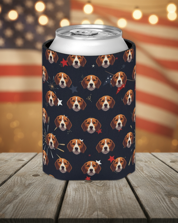 Beagle America 250 Pattern Can Cooler, Patriotic Dog Art Gift for Beagle Lover, Independence Day Drink Cooler, Summer Party Decor