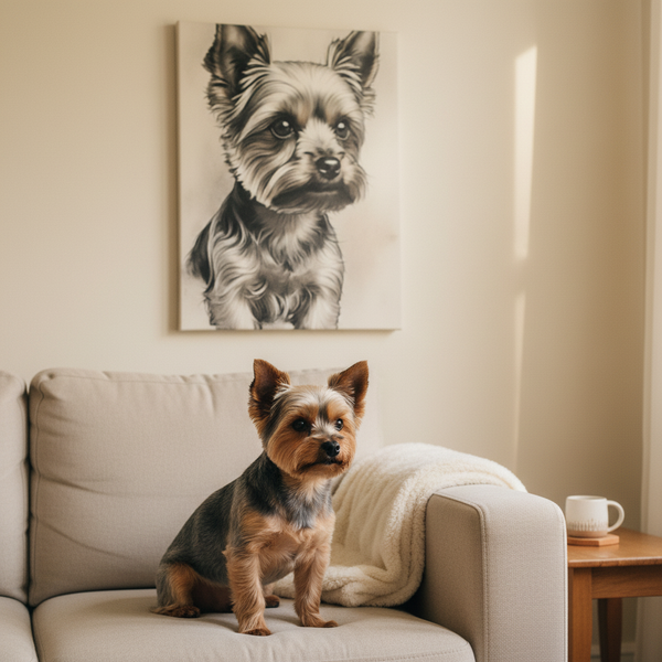 Yorkshire Terrier Charcoal Portrait Canvas Wall Art | Yorkie Dog Lover Gift | Pet Memorial Decor | Ready to Hang Print — Lifestyle View