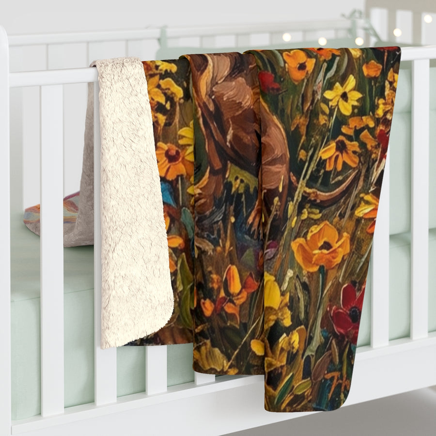 Dachshund Acrylic sherpa blanket by Tritan, on bed