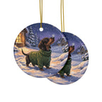 Dachshund Christmas Storybook ceramic ornament by Tritan, front and back
