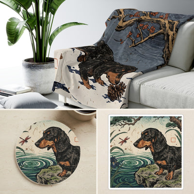 Dachshund Japanese Print Cozy Gift Set | Sherpa Blanket, Coaster & Sticker | Tritan