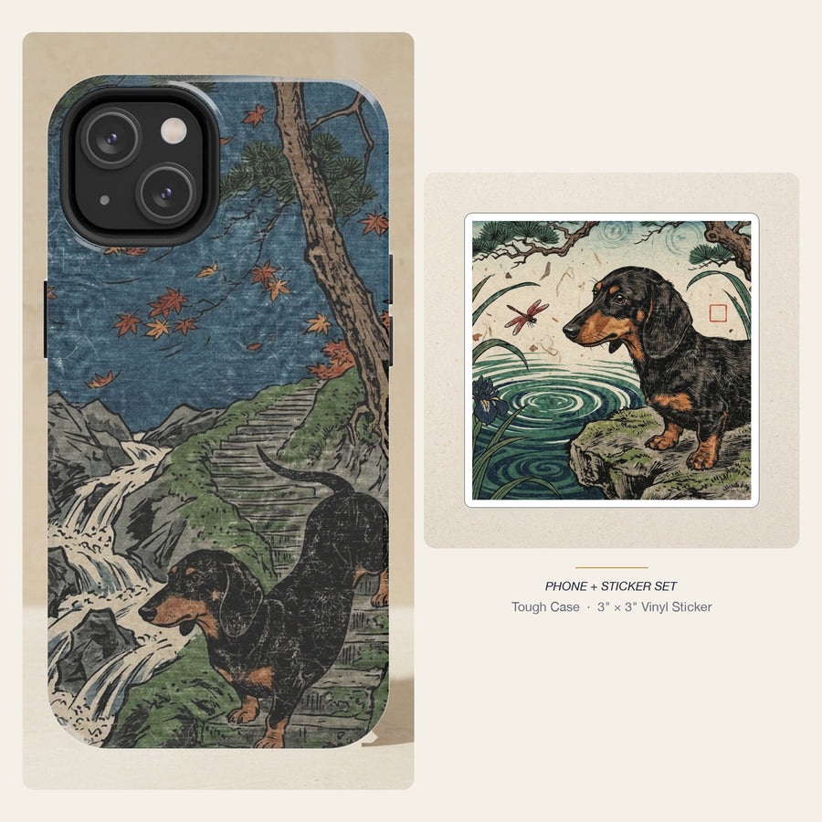 Dachshund Japanese Print phone and sticker gift set: dual-layer iPhone 15 Pro tough case and 3x3 vinyl sticker