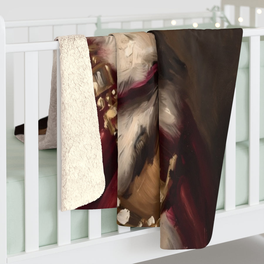 Dachshund Kings & Queens sherpa blanket by Tritan, on bed
