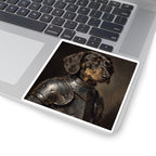 Dachshund Medieval Knight vinyl sticker by Tritan, on a laptop