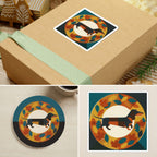 Dachshund Retro Autumn stocking stuffer gift set: round cork-back coaster and two 3x3 vinyl stickers