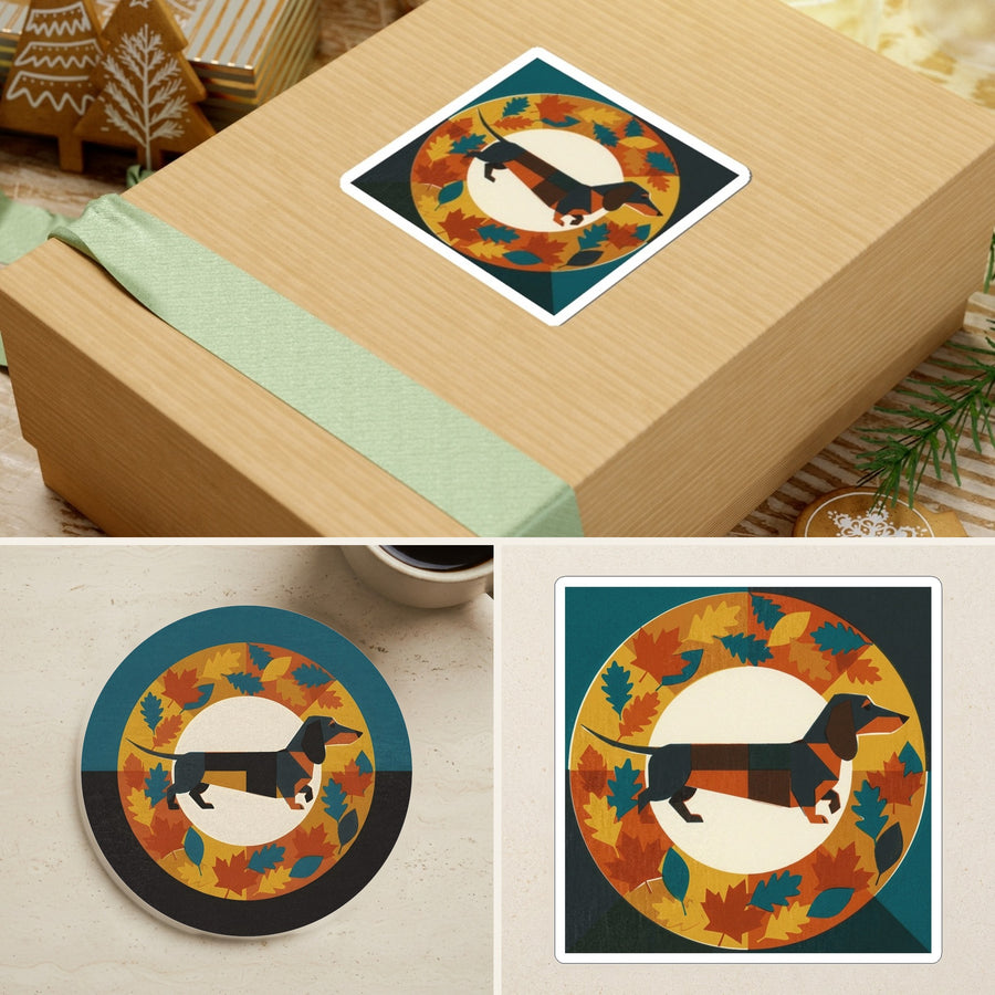 Dachshund Retro Autumn stocking stuffer gift set: round cork-back coaster and two 3x3 vinyl stickers