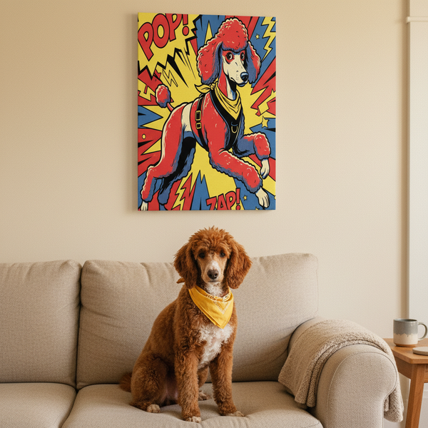 Standard Poodle Pop Art Canvas, Energetic Comic Book Style Print, Retro Halftone Dog Artwork for Modern Decor — Lifestyle View