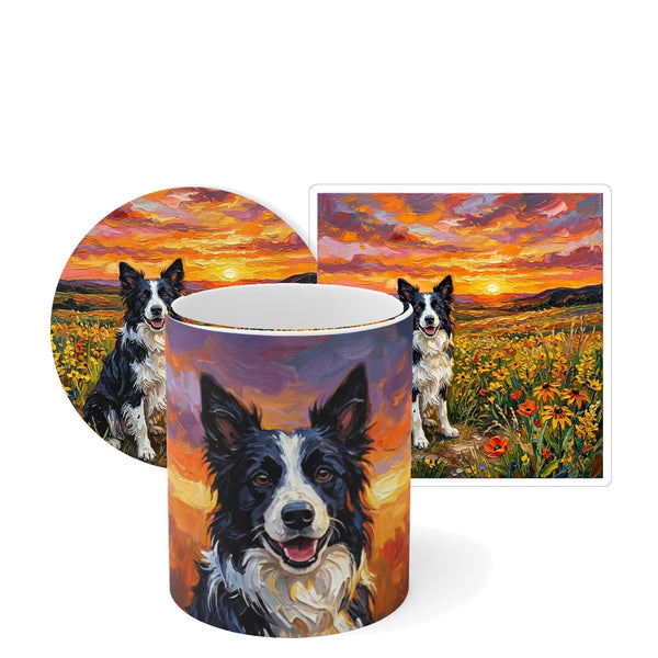 Border Collie Sunset Prairie Gift Set | Mug + Coaster + Sticker | Tritan
