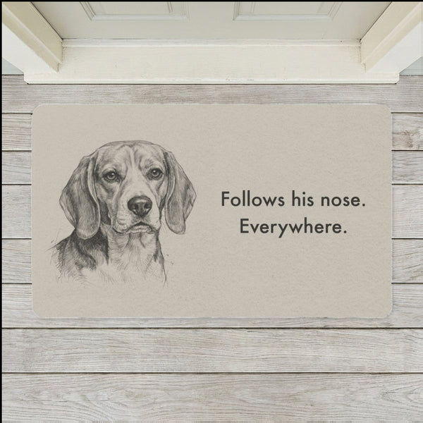 Beagle Doormat shown flat on a pale painted porch outside a white front door
