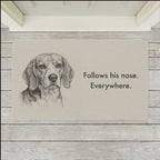 Beagle Doormat shown flat on a pale painted porch outside a white front door