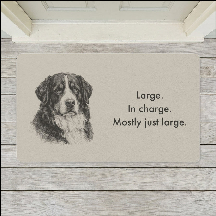 Bernese Mountain Dog Doormat shown flat on a pale painted porch outside a white front door