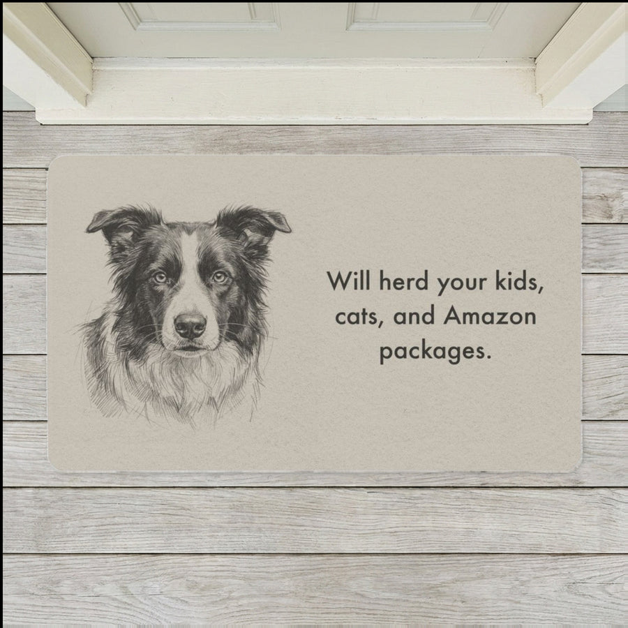 Border Collie Doormat shown flat on a pale painted porch outside a white front door