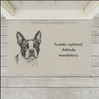 Boston Terrier Doormat shown flat on a pale painted porch outside a white front door
