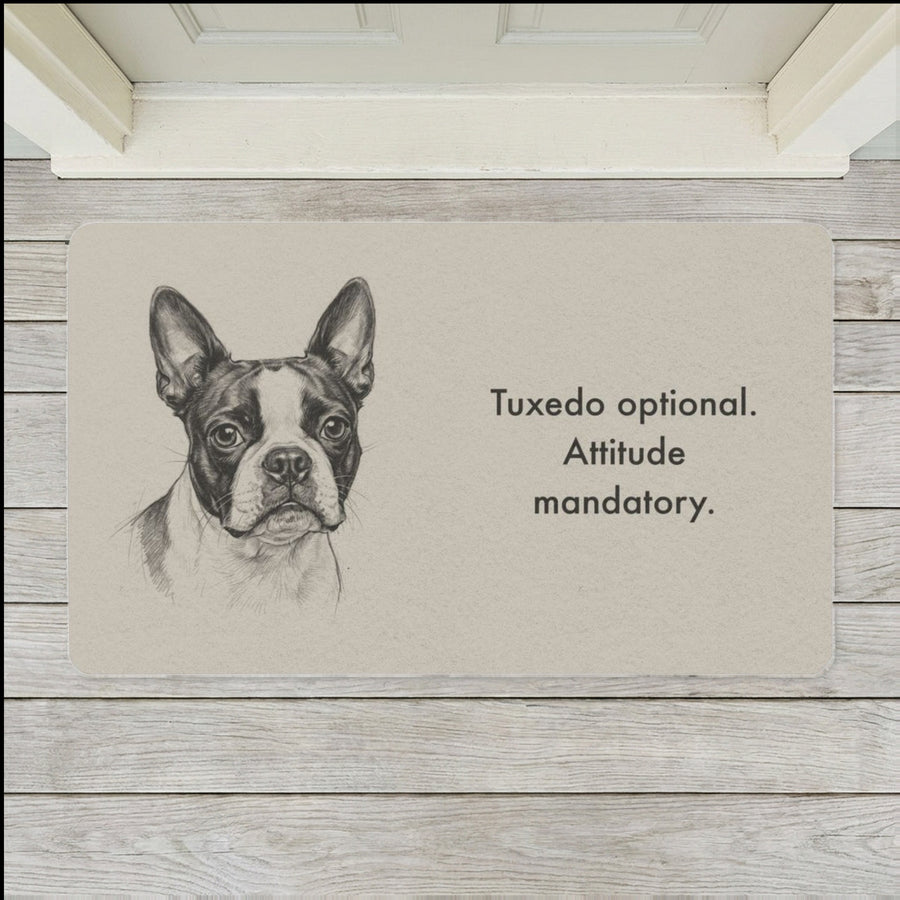 Boston Terrier Doormat shown flat on a pale painted porch outside a white front door