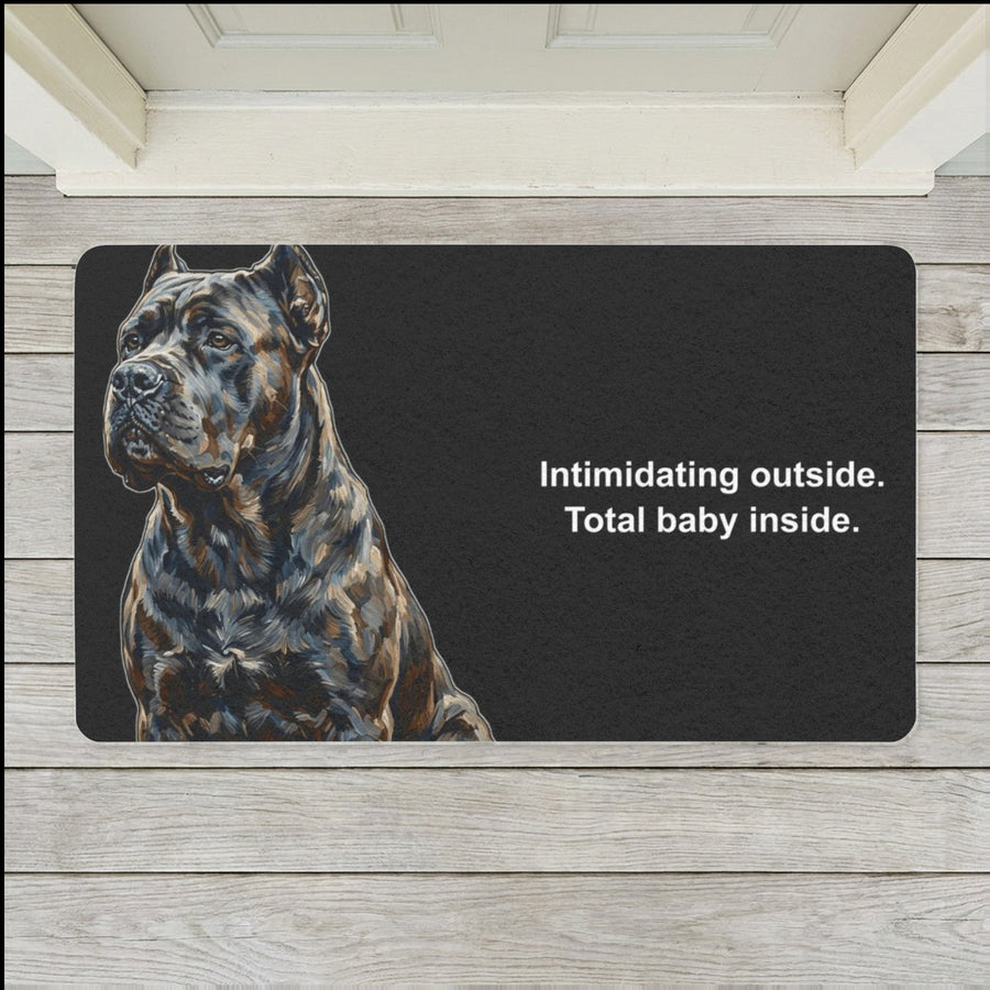 Cane Corso Doormat shown flat on a pale painted porch outside a white front door