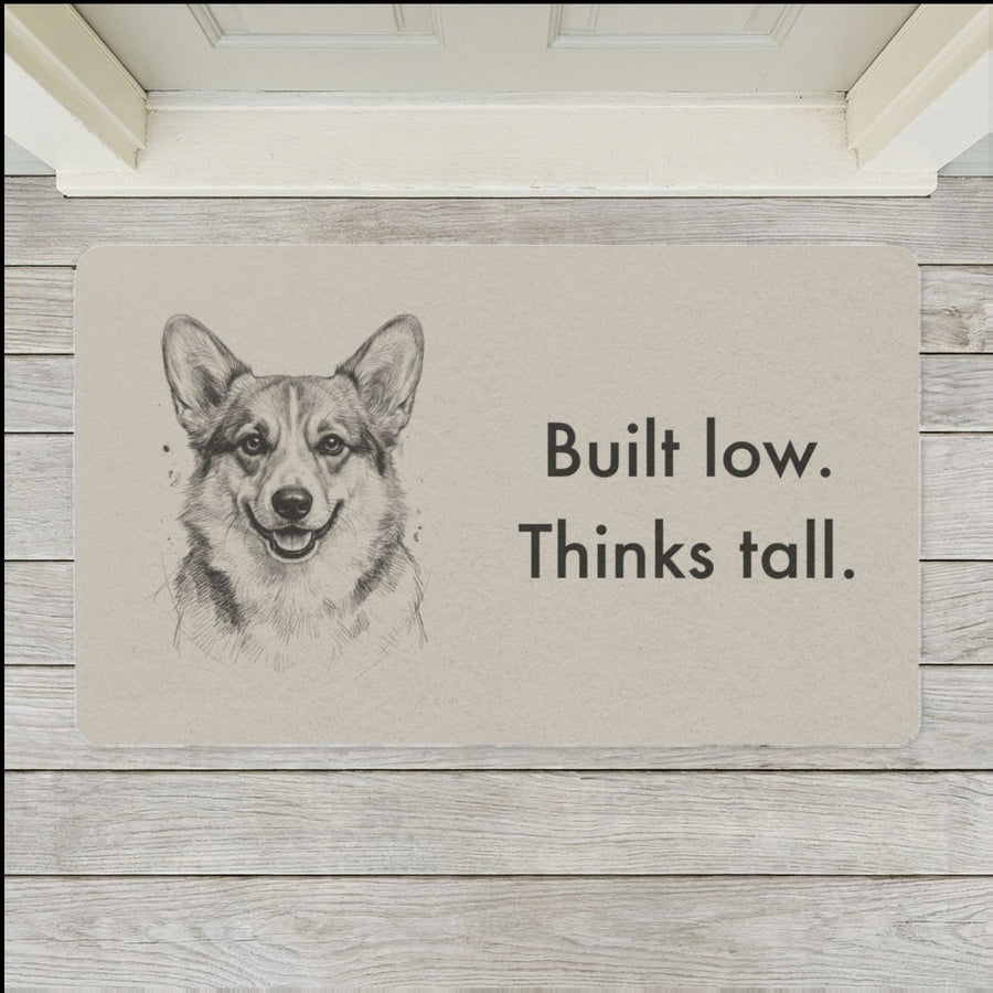 Pembroke Welsh Corgi Doormat shown flat on a pale painted porch outside a white front door