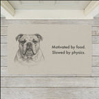 English Bulldog Doormat shown flat on a pale painted porch outside a white front door