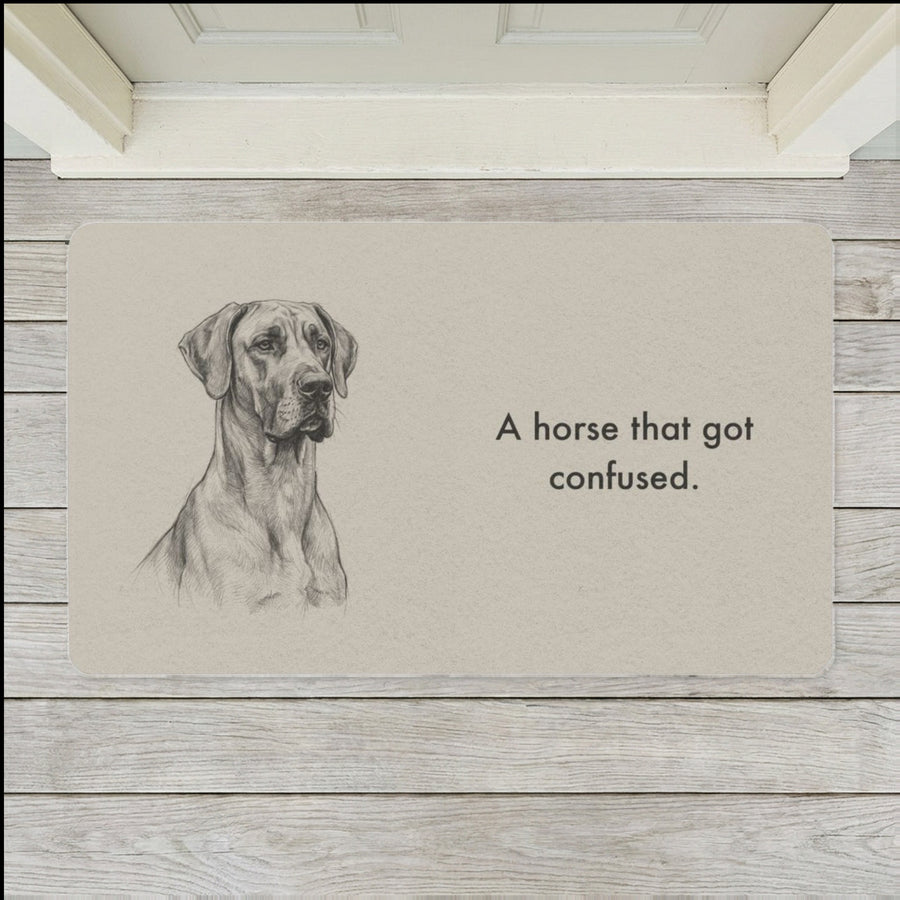 Great Dane Doormat shown flat on a pale painted porch outside a white front door