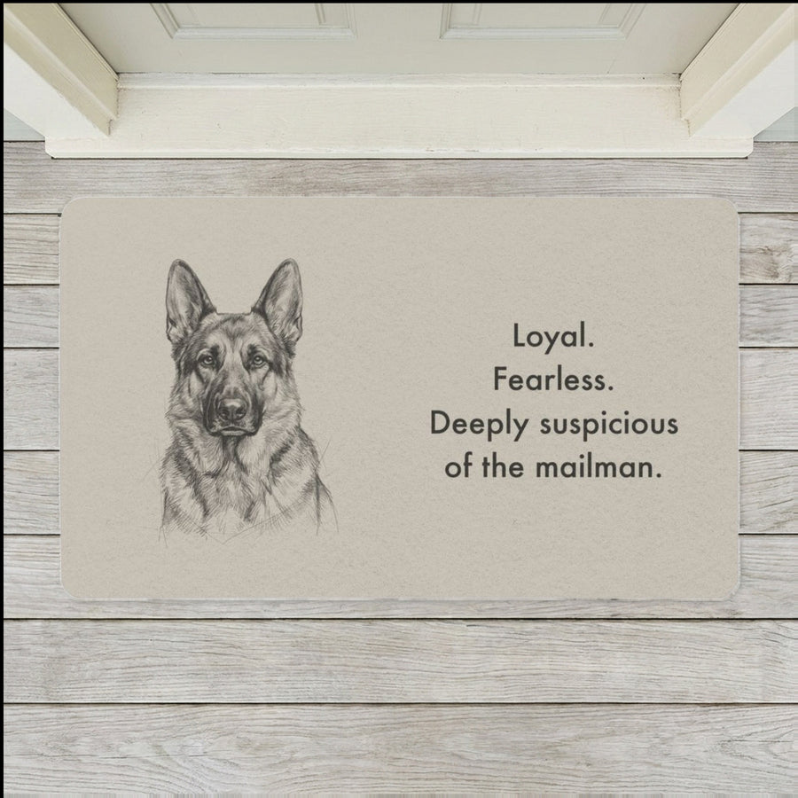 German Shepherd Doormat shown flat on a pale painted porch outside a white front door