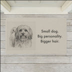 Havanese Doormat shown flat on a pale painted porch outside a white front door