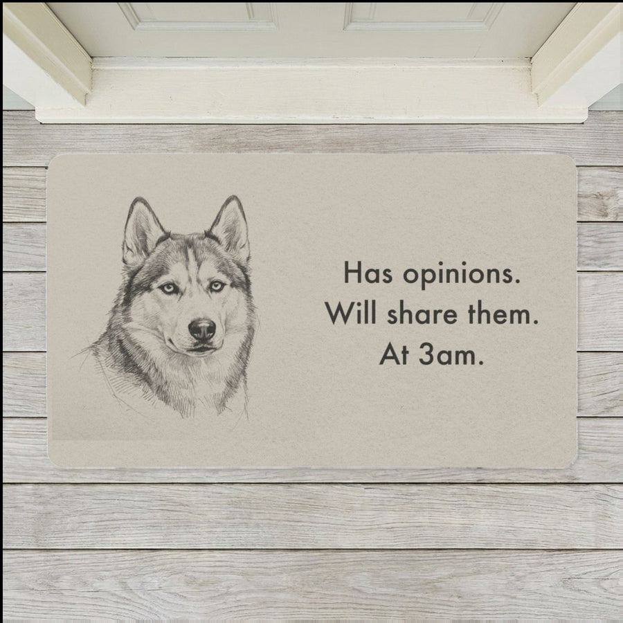 Siberian Husky Doormat shown flat on a pale painted porch outside a white front door