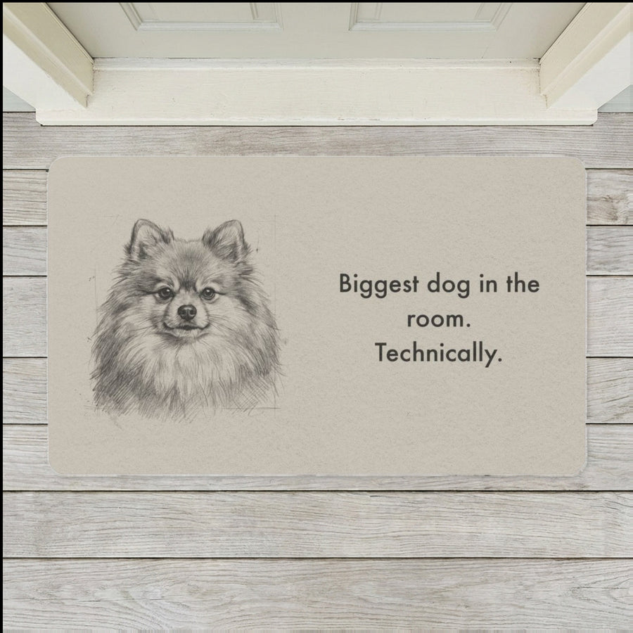 Pomeranian Doormat shown flat on a pale painted porch outside a white front door