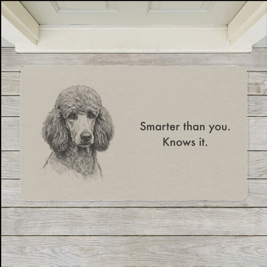 Standard Poodle Doormat shown flat on a pale painted porch outside a white front door