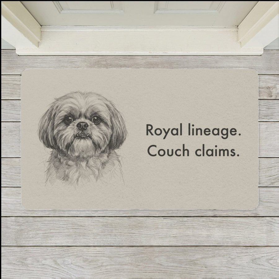 Shih Tzu Doormat shown flat on a pale painted porch outside a white front door