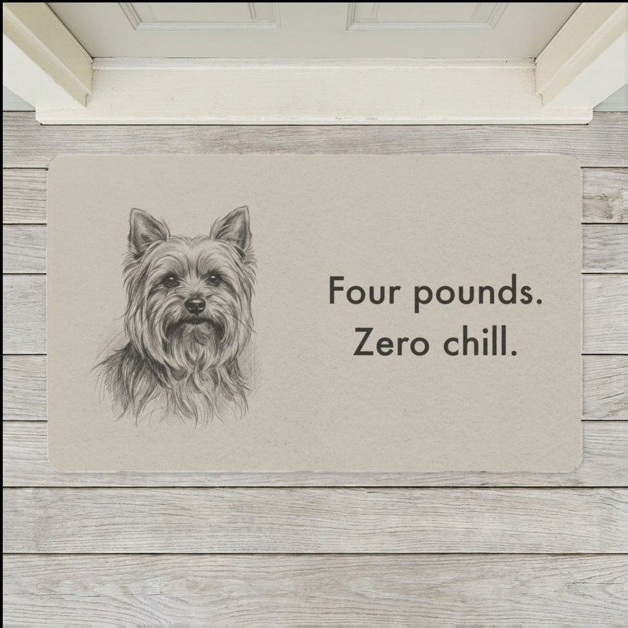 Yorkshire Terrier Doormat shown flat on a pale painted porch outside a white front door