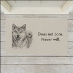 Shiba Inu Doormat shown flat on a pale painted porch outside a white front door