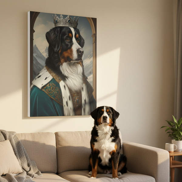 Bernese Mountain Dog Renaissance Royal Portrait Canvas Wall Art, Regal Dog Painting, Bernese Mountain Dog Lover Gift, Stretched Canvas — Lifestyle View