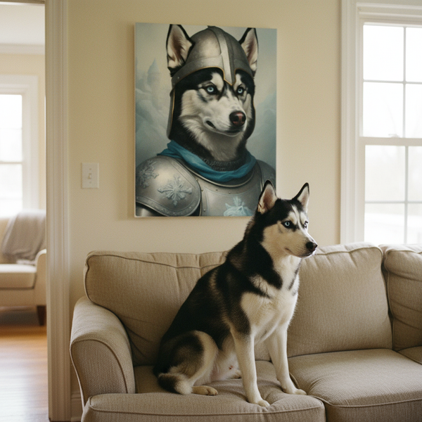 Siberian Husky Medieval Knight Portrait Canvas Wall Art, Regal Dog Painting, Siberian Husky Lover Gift, Stretched Canvas — Lifestyle View