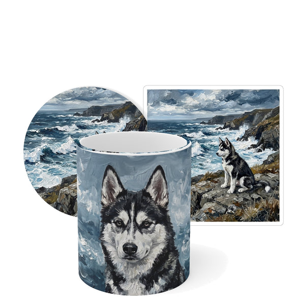 Siberian Husky Coastal Cliffside Gift Set | Mug + Coaster + Sticker | Tritan