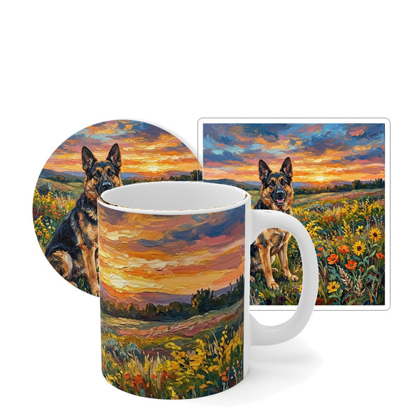 German Shepherd Sunset Prairie Gift Set | Mug + Coaster + Sticker | Tritan