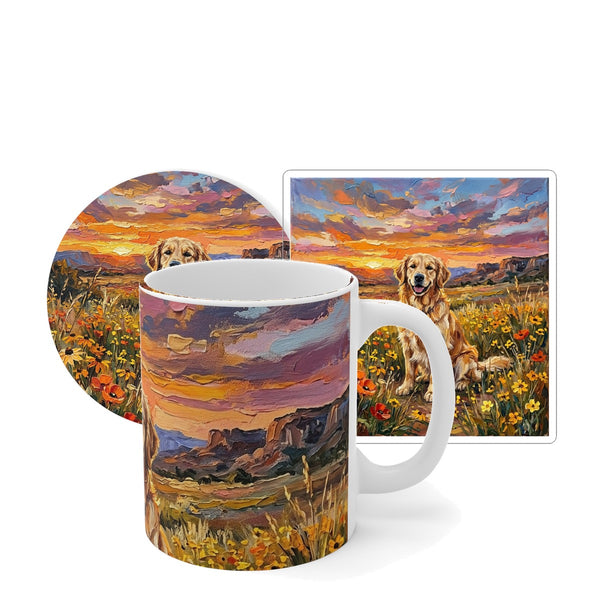 Golden Retriever Acrylic Sunset Prairie Gift Set | Mug + Coaster + Sticker | Tritan