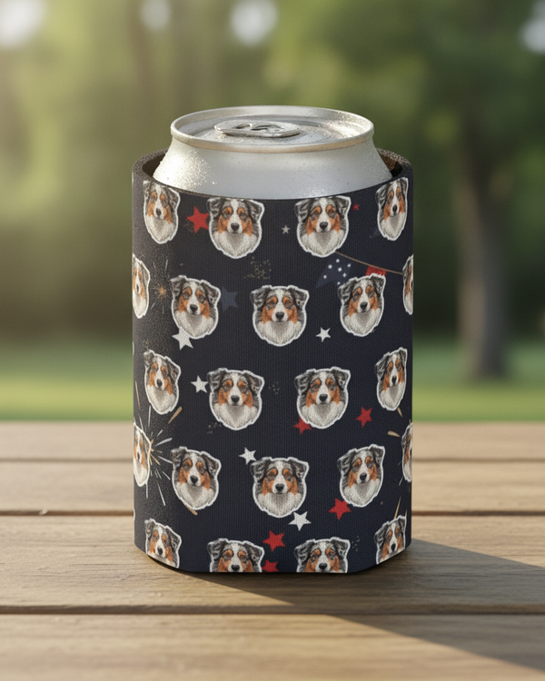 Australian Shepherd Can Cooler, America 250 Patriotic Dog Pattern Gift, Aussie Decor, Independence Day Drink Coolie
