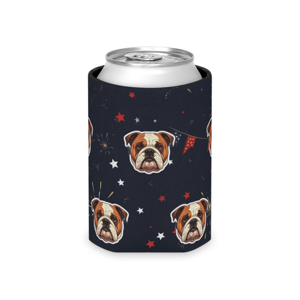 English Bulldog Can Cooler, 4th of July Patriotic Dog Art, USA Flag Puppy Gift, Summer Drinkware Decor, American Bully Lover Present — Lifestyle View