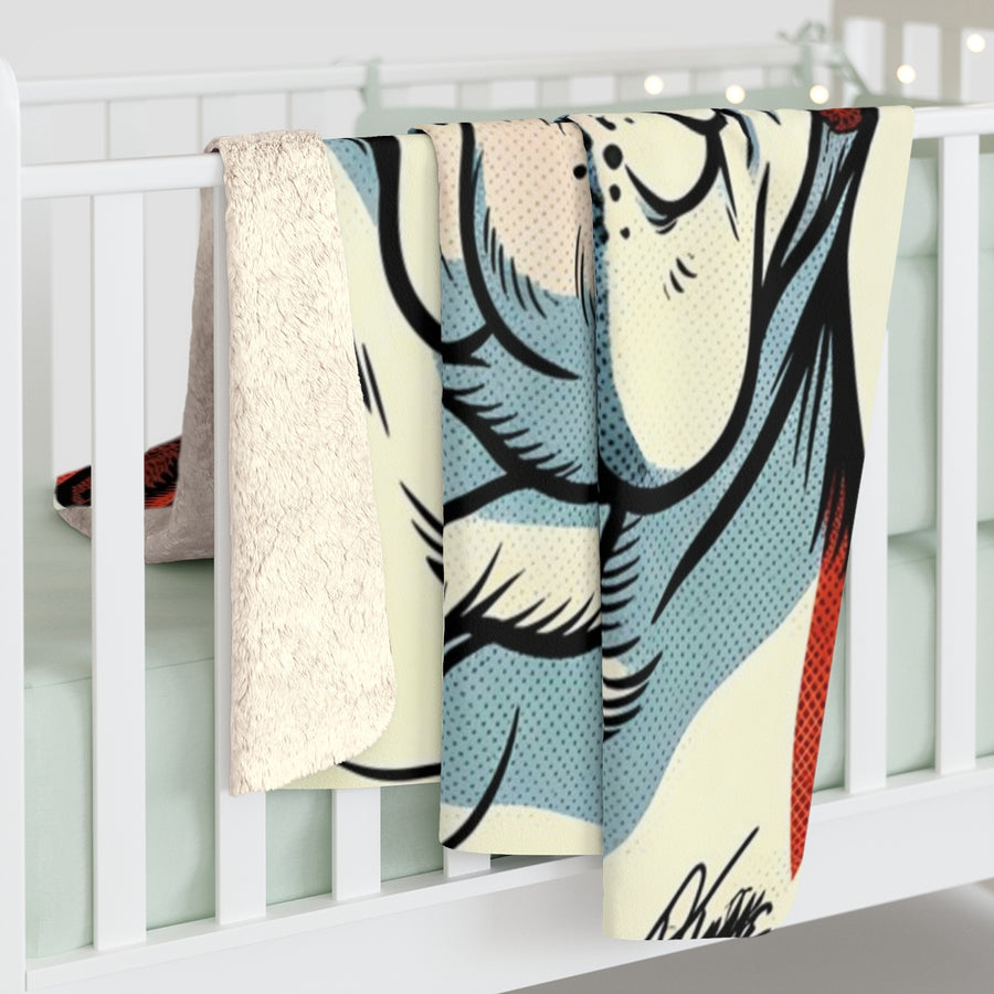 English Bulldog Comic Pop Art sherpa blanket by Tritan, on bed