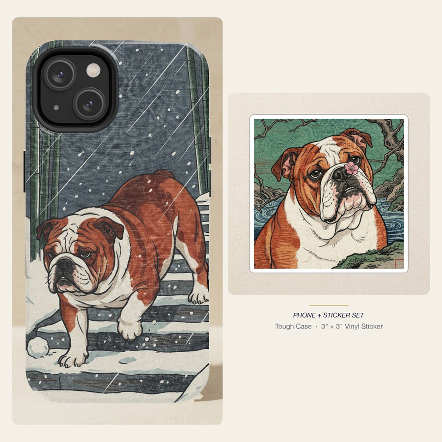 English Bulldog Japanese Print phone and sticker gift set: dual-layer iPhone 15 Pro tough case and 3x3 vinyl sticker