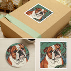English Bulldog Japanese Print stocking stuffer gift set: round cork-back coaster and two 3x3 vinyl stickers