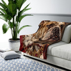 English Bulldog Kings & Queens sherpa blanket by Tritan, on sofa