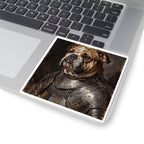 English Bulldog Medieval Knight vinyl sticker by Tritan, on a laptop