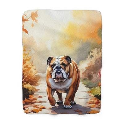 English Bulldog Watercolor Autumn Path Throw Blanket | Premium Dog Prints | Tritan