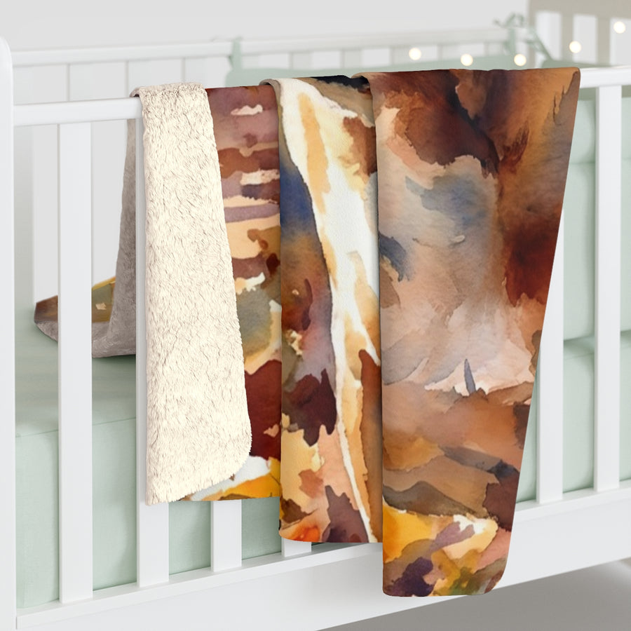 English Bulldog Watercolor sherpa blanket by Tritan, on bed