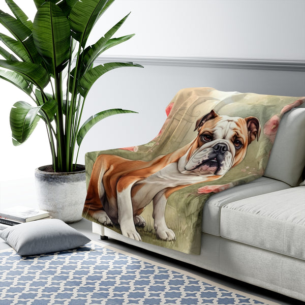 English Bulldog Watercolor Cottage Garden Throw Blanket | Premium Dog Prints | Tritan — Lifestyle View