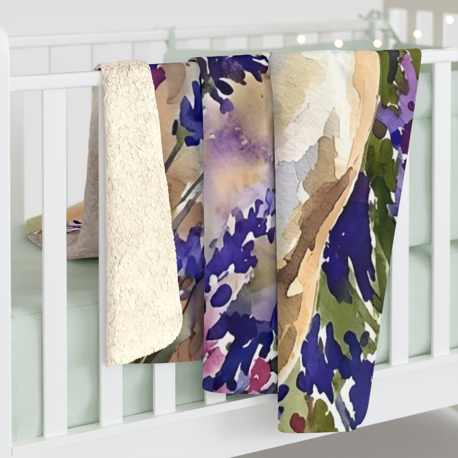 English Bulldog Watercolor sherpa blanket by Tritan, on bed