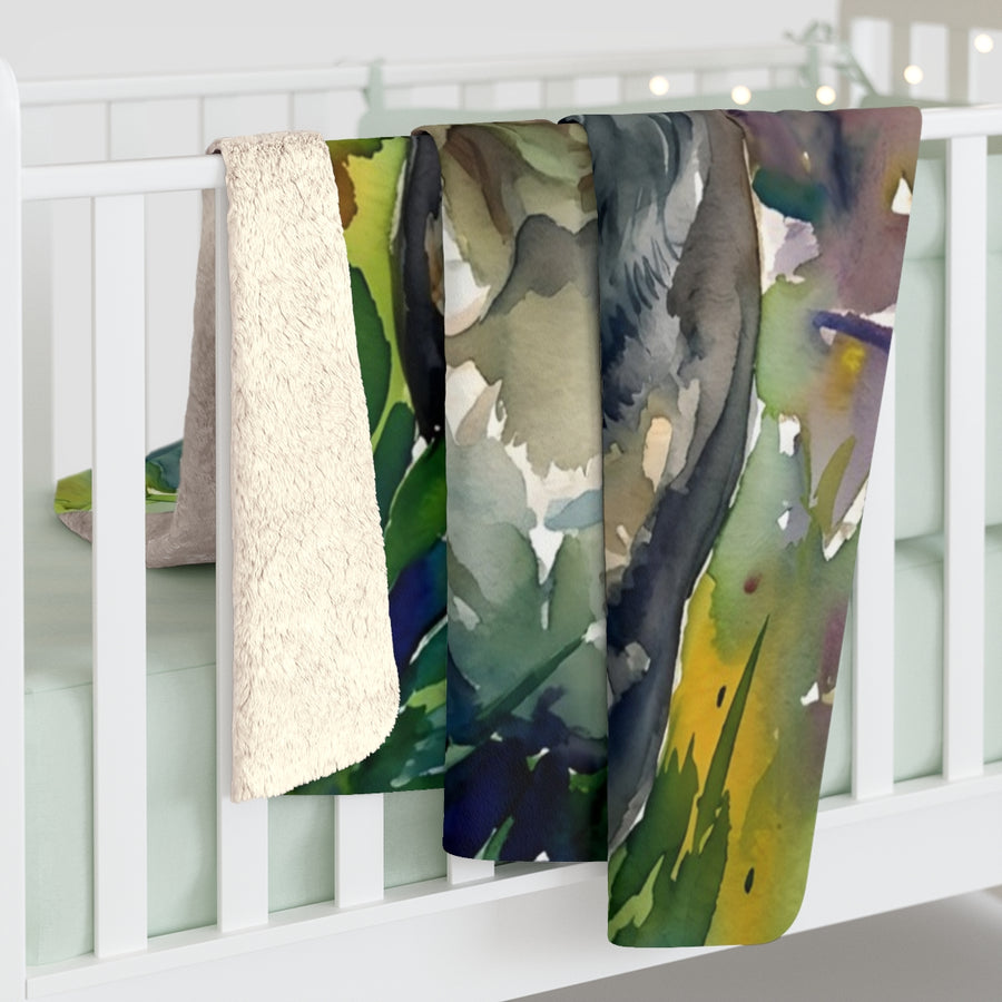 English Bulldog Watercolor sherpa blanket by Tritan, on bed