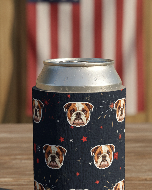 English Bulldog Can Cooler, 4th of July Patriotic Dog Art, USA Flag Puppy Gift, Summer Drinkware Decor, American Bully Lover Present