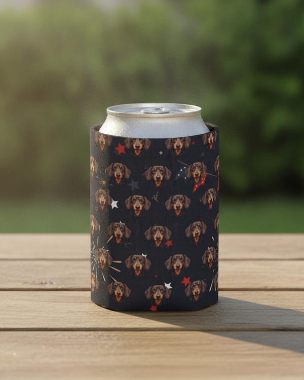 Dachshund America 250 Can Cooler, Patriotic Dog Pattern Wiener Dog Gift, American Flag Party Decor, Premium Beverage Holder