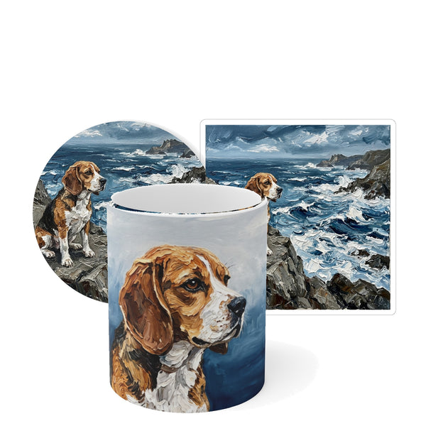 Beagle Coastal Cliffside Gift Set | Mug + Coaster + Sticker | Tritan